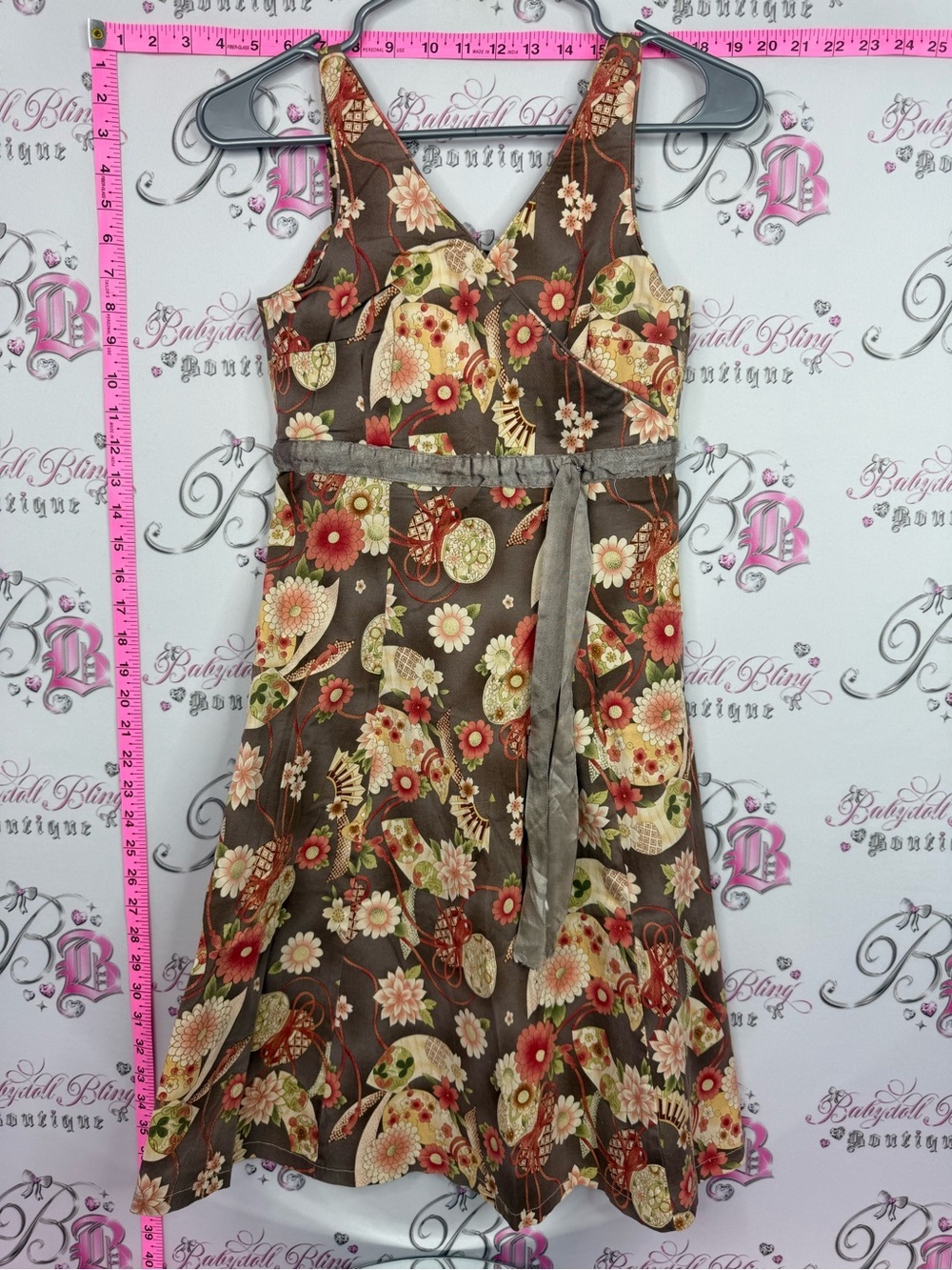 Dress Brown Floral Midi Dress with Cream and Red Accents